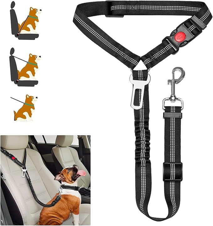 1 Packs Removable Dog Seat Belt Harness for Car, 3 in 1 Pet Dog Car Seatbelt Leash, Retractable Restraint Secures to Vehicle Headrest & Adjustable Reflective Dog Seatbelt Tether