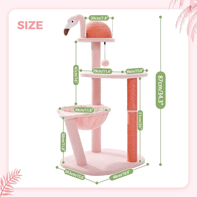 PETEPELA 34.2'' Cat Scracthcing Post, Tall Cat Scratcher with Large Cat Hammock [Dia=30CM], Flamingos Natural Sisal Cat Scratch Post, Pink Small Cat Tree Tower for Indoor Cats&Kittens