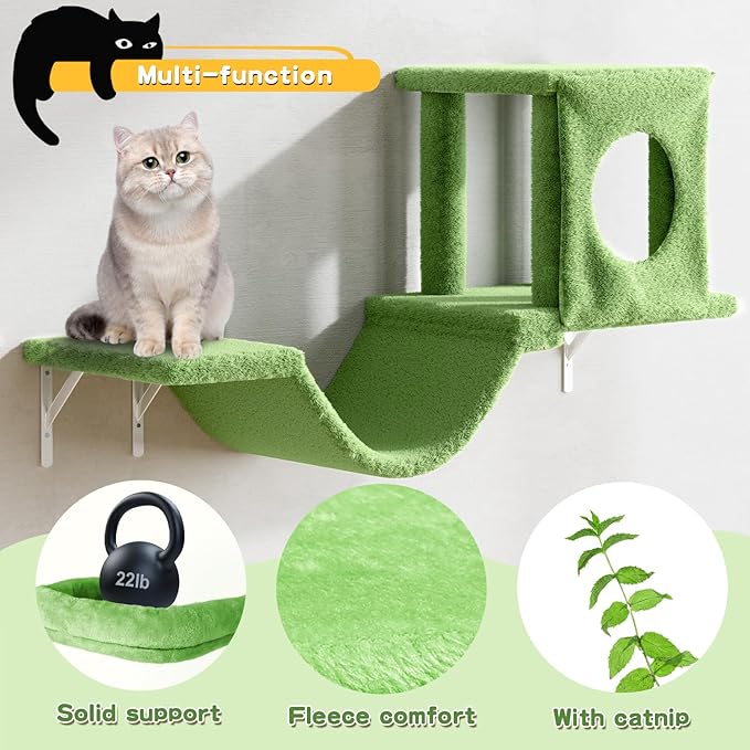 Wall Mounted Cat Furniture, 6pc Cat Wall Furniture, Cat Climber with Cat House, Bridge, Tree, Steps, and Scratcher, DIY Cat Walls Playground, Cat Shelves for Indoor Wall Furniture Set - Green