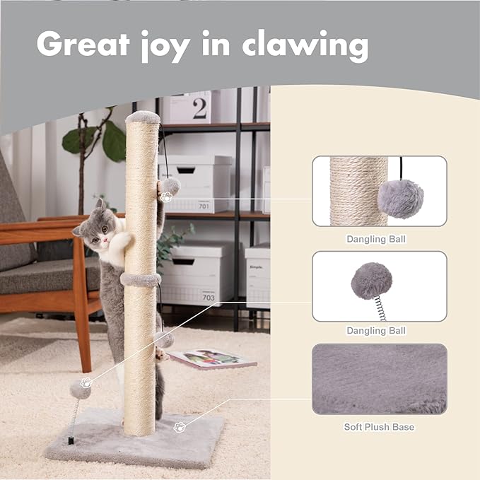 MECOOL 34“ Tall Cat Scratching Post Premium Basics Kitten Scratcher Sisal Scratch Posts Trees with Hanging Ball for Indoor Cats (34 inches for Adult Cats, Gray)
