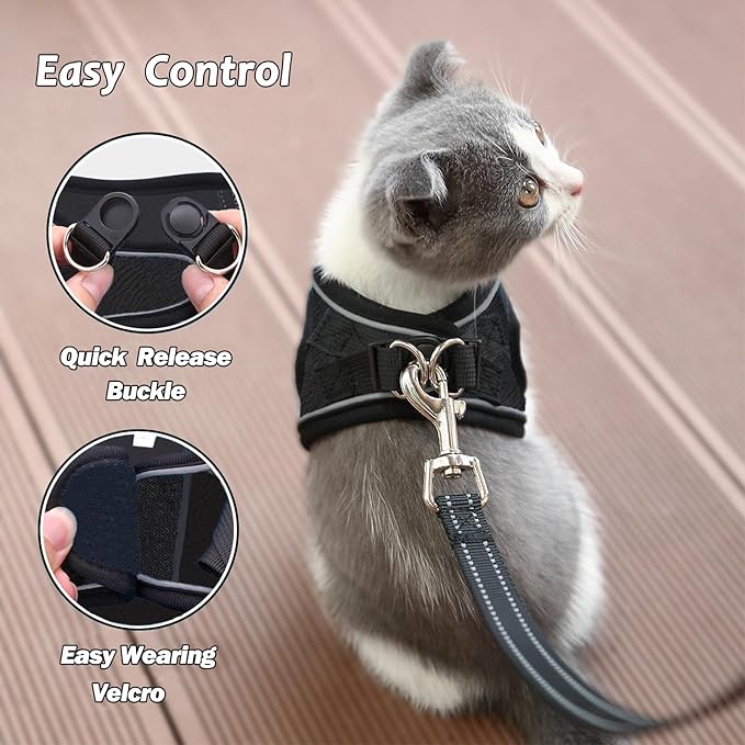 Cat Harness and Leash Set, Escape Proof Safe Adjustable Kitten Vest Harnesses for Walking, Easy Control Soft Breathable Mesh Jacket with Reflective Strips for Cats（Black Mesh，L）