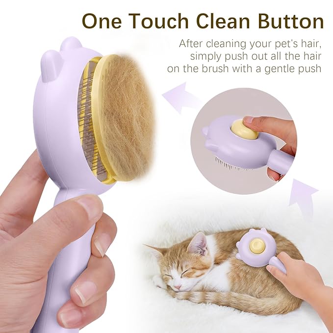 5 in 1 Cat Care Set, Hair Brush with Release Button, Deshedding Brush for Long and Short Haired Cats, Purple