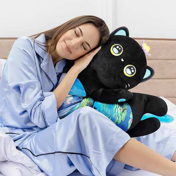 Artist-Designed Ultra Soft Long Cat Plush Body Pillow, Extra Stuffing for Comfort, Premium Quality Stuffed Animal Gift for Girlfriend or Cat Lovers (Butterfly Black Cat 20 Inches)