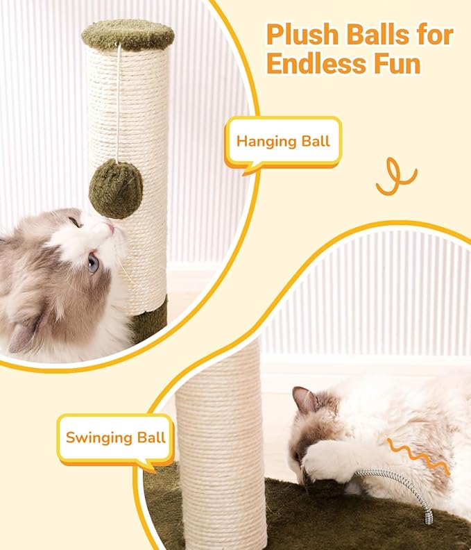 Happi N Pets 34“ Tall Cat Scratching Post for Big Cats, Natural Sisal Cat Scratchers for Indoor Cats, Heavy Duty Cat Stands Featuring with Cat Self Groomer and Hanging Toys, Free Catnip-Green