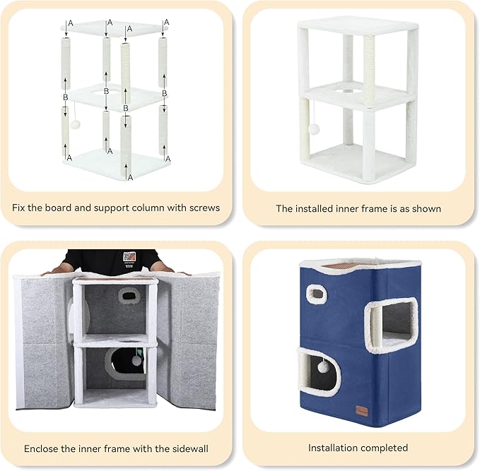 YITAHOME 2-Tier Cat House, Indoor Cat Cave Bed Playhouse, Flannel & Cool Mat, Covered Cat Beds with Scratch Pad and Hideaway Cave, Cute Modern Cat Condo Furniture for Multi Small Cats, Blue