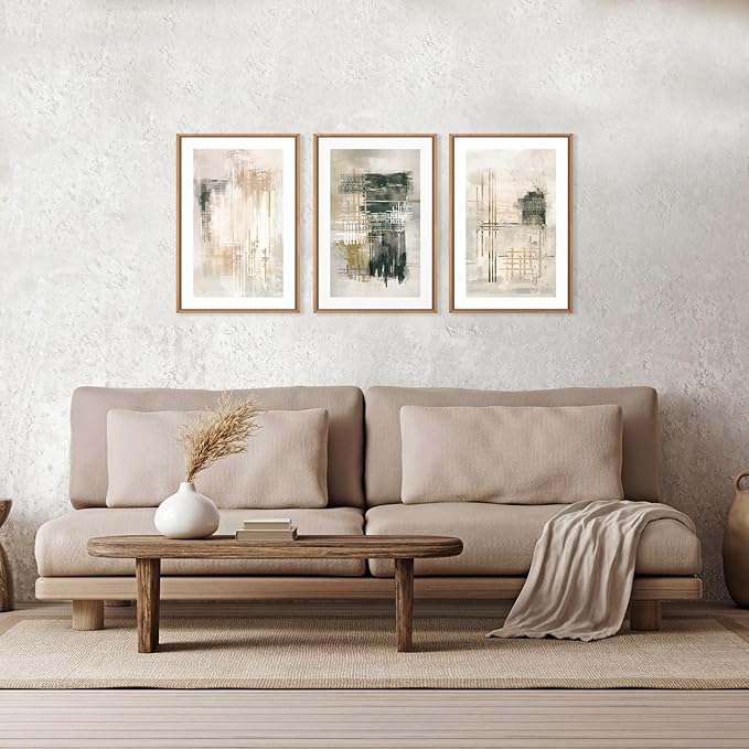 Ausril Modern Abstract Framed Canvas Wall Art Set, Neutral Beige Shape Wall Decor, Black and White Block Wall Painting, Minimalist Paint Stroke Art Print for Living Room, Bedroom, Office 16"x24"x3