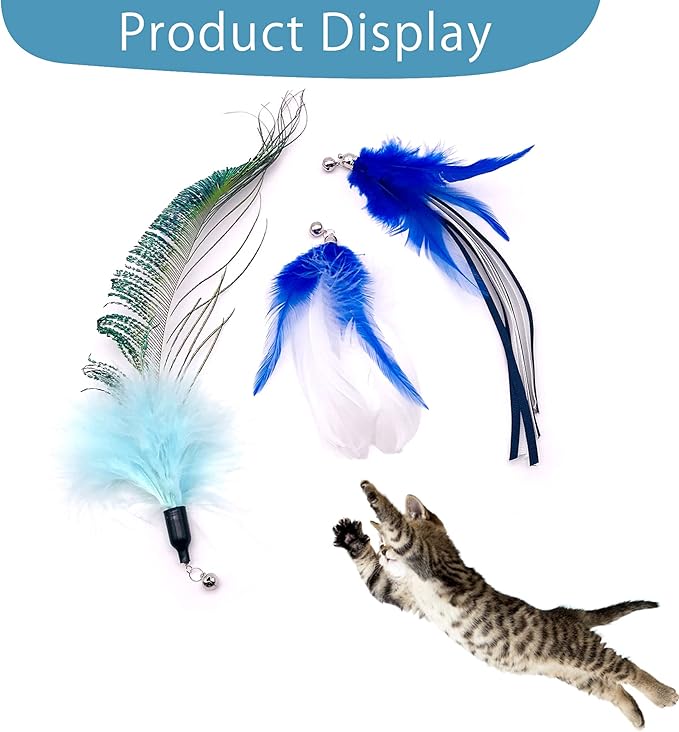 12pcs Cat Feather Toys with Bells Blue for Male Cats Replacement for Wand Boy Kitten Toys Interactive Training Indoor Cat Playing Birthday Gift for Chasing Jumping Exercise Refill Toy