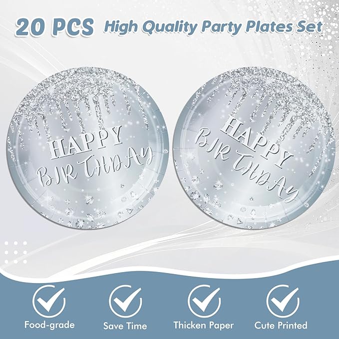 41 Pieces Silver Glitter Tableware Set, Happy Birthday Table Decorations Glitter Diamonds Silver Birthday Theme Dessert Plates Napkins Tablecloth for 20 Guests Silver Glitter Birthday Party Supplies