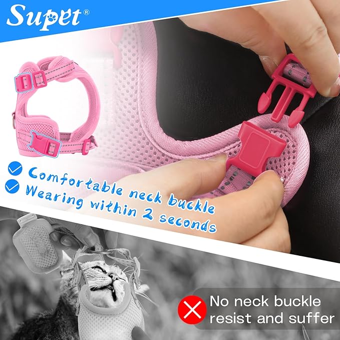 Supet Cat Harness and Leash for Walking Escape Proof, Adjustable Harness for Cats, Easy Control Small Cat Harness for Medium Large Kitten Pink