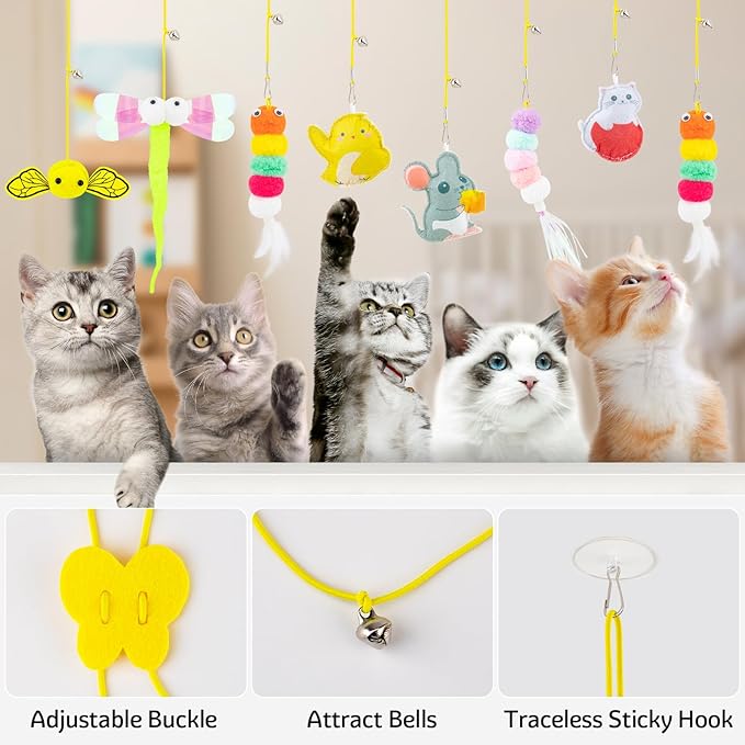 8 PCS Cat Feather Toys Cat Toys Hanging, Interactive Hanging Cat Toy Door Cat Teaser Retractable Door Frame Cat Hunting Toy, Cat Mouse Toy Hanging String Toys for Indoor Kitten Self Play Exercise