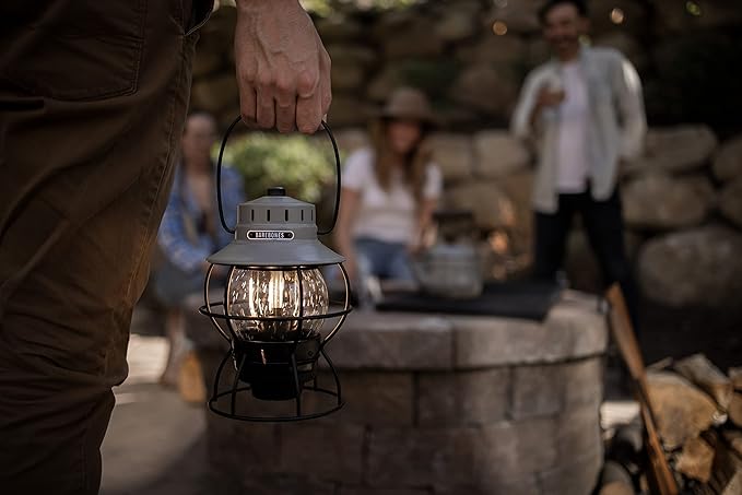 Barebones Railroad Lantern – State Gray, Vintage-Inspired LED Camping Lantern with Rechargeable Battery – Adjustable Brightness Outdoor Light for Camping Gear, Backyard, and Home Decor