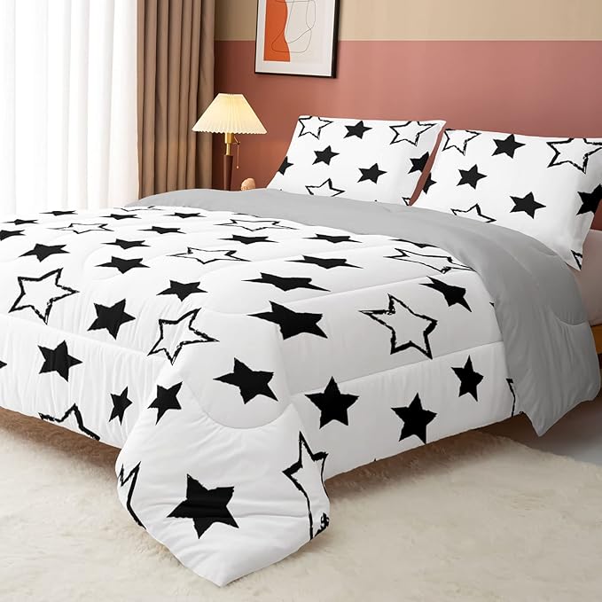 Axolotl Kids Twin Bedding Comforter Set,3Pcs Super Cute Soft Black and White Stars Quilt Set Bed in A Bag with 1 Comforter 2 Pillowcases for Kids Boys Girls Teens Adults Room Decor All Season