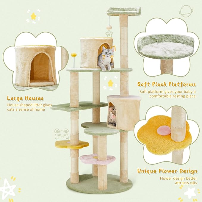 Erinnyees Flower Cat Tree Tower, Heavy Duty Anti-Scratch Cats Furniture, Multi-Level Cat Condo Activity Center Kitten Play House