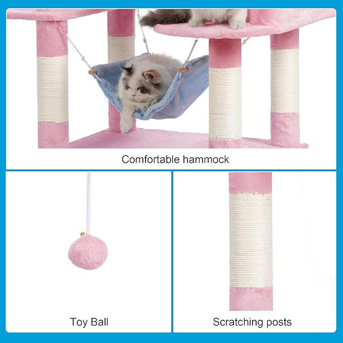Hey-brother Large Multi-Level Cat Tree Condo Furniture with Sisal-Covered Scratching Posts, 2 Bigger Plush Condos, Perch Hammock for Kittens, Cats and Pets, Blue and Pink MPJ020BP