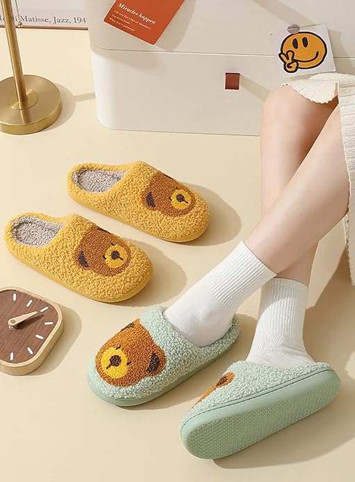 Animal Pattern Slippers - Hello Cat, Bear, Moose & Love Designs - Comfy Memory Foam Plush Cloud Slippers for Couples & Indoor Home