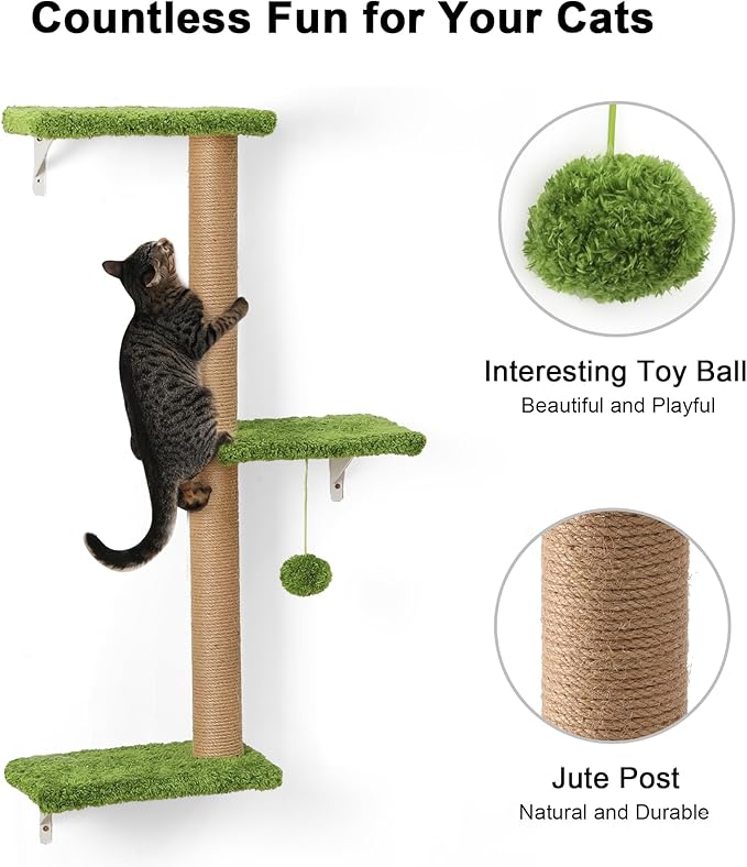 FUKUMARU Cat Wall Shelves, Stable & Safe 4 in 1 Large Cat Wall Furniture Set, Wooden Cat Climbing Wall with Scratching Post, Cat Bridge and Cat Bed, Stylish Cat Jungle Gym for 16 Inch Drywall - Green