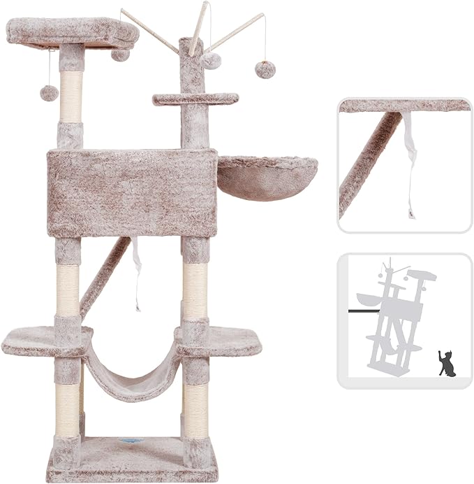 Hey-brother Cat Tree, 61 inch Cat Tower for Indoor Cats, Cat House with Padded Platform Bed, Toy Balls, Large Cozy Condo, Hammocks and Sisal Scratching Posts, Muchroom MPJ019MU
