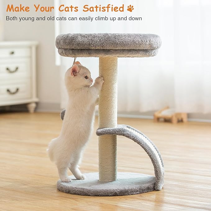 Small Cat Tree Tower with Scratching Post, Modern Kitten Tower for Indoor Cats, Short Carpet Sisal Cat Scratcher Stand with Large Bed Perch, Scratch Ramp, Toy Ball for Kitty Play (Grey)