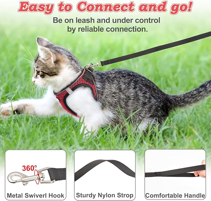 Cat Harness and Leash for Walking Escape Proof, Adjustable Kitten Vest Harness Reflective Soft Mesh Puppy Harness for Outdoor, Comfort Fit, Easy to Control (Red, XXS)