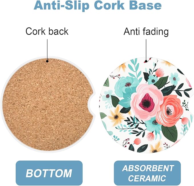 2 Pack Car Cup Holder Coaster, 2.63 inch Anti Slip Insert Absorbent Ceramic Car Coaster with Cork Base and Finger Notch, Cute Car Accessories Interior for Women, Cute Car Coasters., CH0025