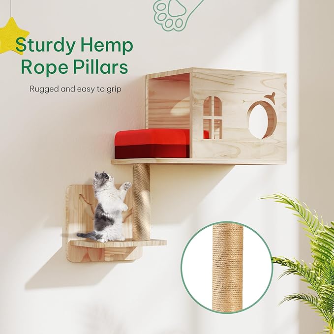 YITAHOME Christmas Solid Wood Cat Wall Shelves and Perches for Wall, Pine Wall Mounted Cat Tree 16 Piece Set, Cat Climbing Shelves with House, Mat, Christmas Tree Scratcher, Feeding Bowl for Cats