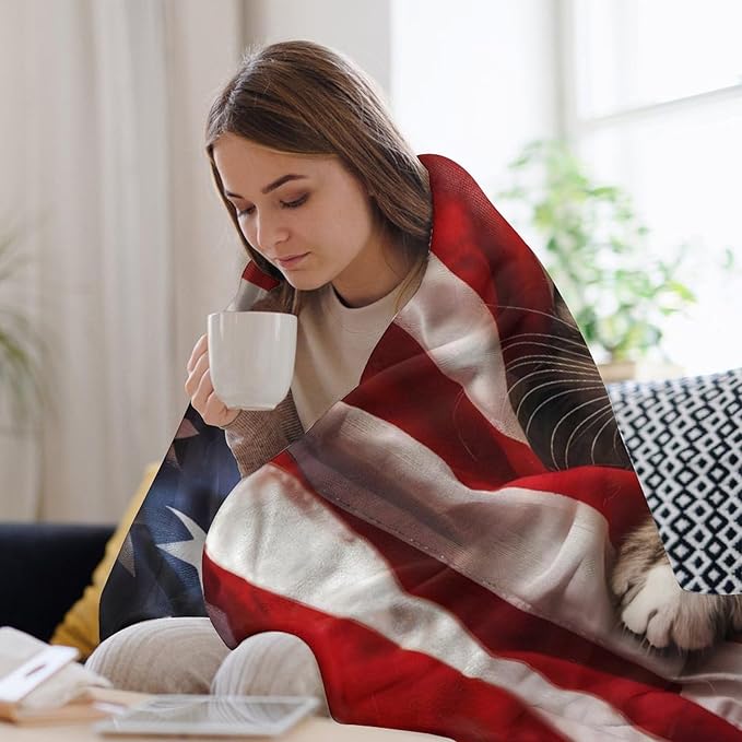 American Flag Cat Print Blanket Cute Kawaii Kitten Kitty Animal Throw Blankets Gifts for Couch Sofa Bed Stuff Decor Soft Cozy Fleece Plush Warm Flannel Bedding for Lover Men Women Kids 50"x60"