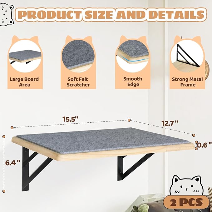 Cat Wall Shelves Set of 2, Wood Cat Shelves for Wall, Cat Wall Bed Hammock with Scratching Pad, Cat Climbing Shelf for Sleeping Playing, Cat Window Perch for Big Cats, Burlywood Cat Furniture Indoor