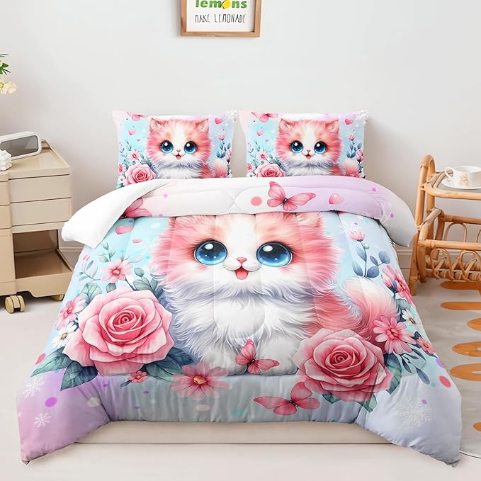 AILONEN Cute Kawaii Cat Full Bedding Set for Girls,Watercolor Floral Kitten Kids Comforter Set,Pink Tie Dye Pet Cat Butterfly Comforter with 2 Pillowcases, 3 Piece
