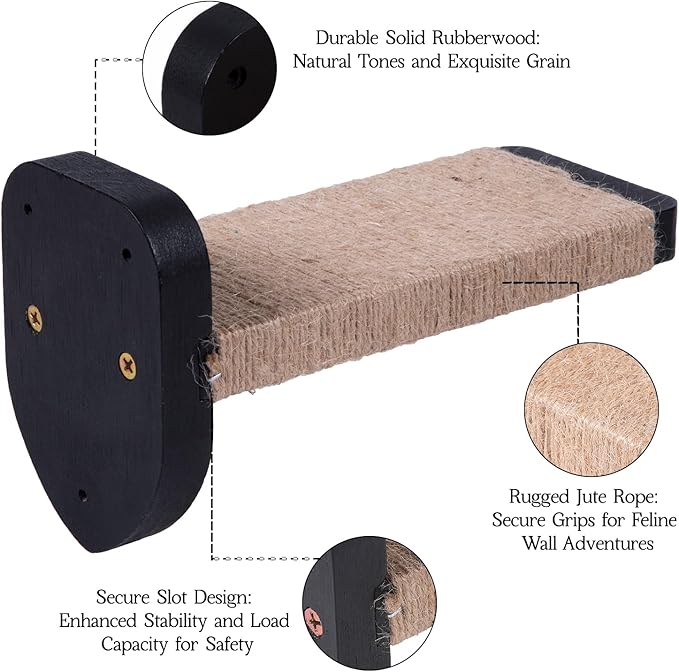 3pcs Cat Wall Steps, Cat Climbing Wall Mounted Cat Furniture, Cat Wall Shelves Cat Steps for Wall with Hemp Rope Covered, Solid Wood Cat Ladder for Cats Playing and Climbing (Large-Black)