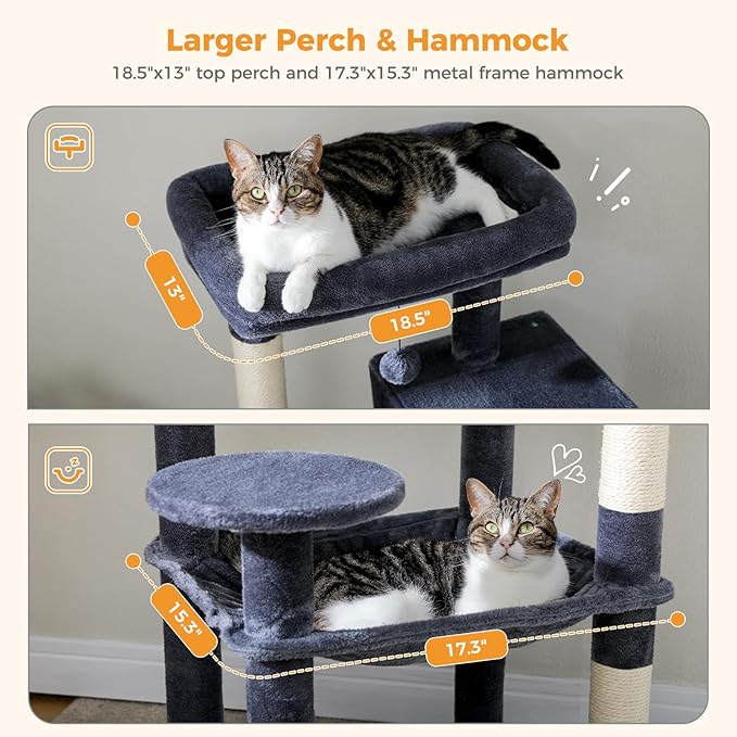 PETEPELA 56.3'' Tall Cat Tree for Indoor Cats, Multi-Level Cat Tower with Super Large Hammock (20''X16''), Sisal Covered Scratching Posts, Cozy Condo and Top Perch, Dark Grey