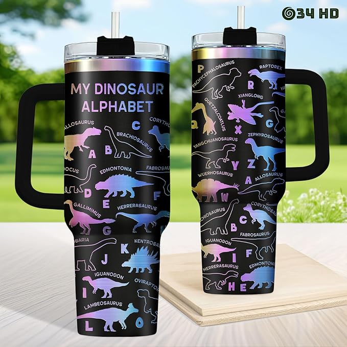 34HD 40oz Glitter Dinosaur Tumbler with Handle and Straw, 40oz Vacuum Insulated Dinosaur Alphabet Coffee Mug, Animal Lover Gifts for Kids Boys Girls Women Mothers Day