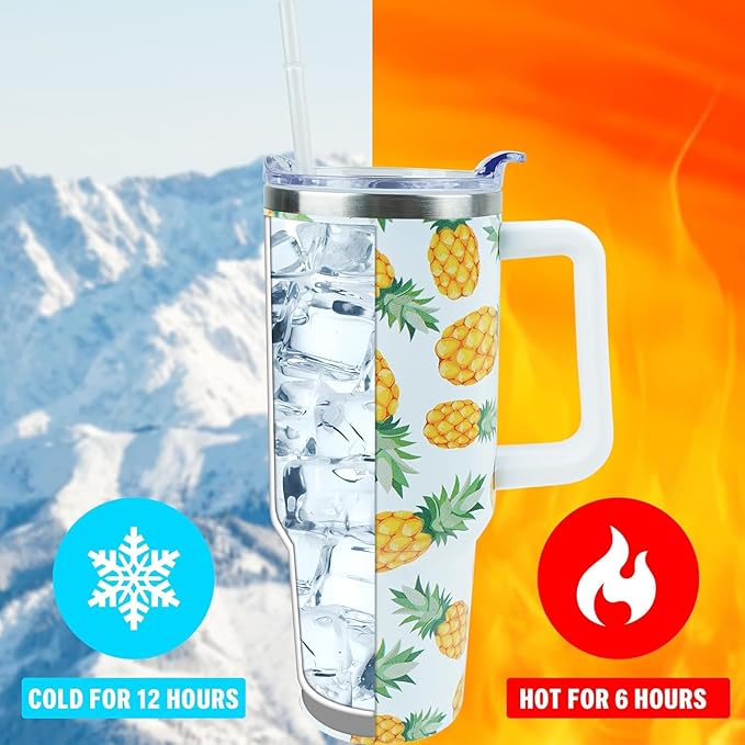40 oz Tumbler with Handle and Straw, Stainless Steel Insulated Cup with Leak Proof Lid and Straw Lid, Keep Drinks Cold and Hot for Hours(Pineapple)