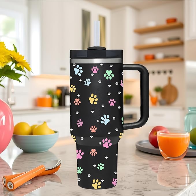 AMZUShome 40 OZ Paw Tumbler with Handle.Dog Cat Lover Paw Gifts.Unique Birthday Christmas Gifts for Dog Cat Paw Lover.Personalized 40 OZ Paw Tumbler Gifts for Women Men.