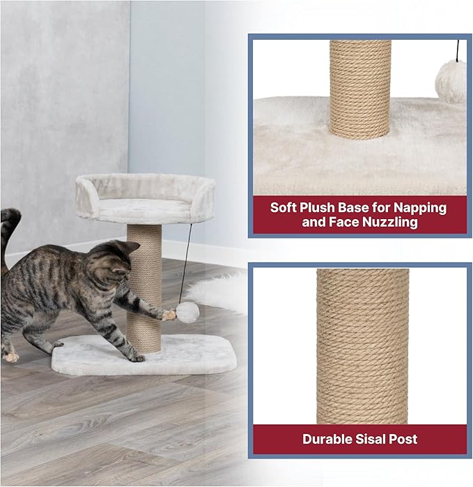 TRIXIE Mica Cat Scratching Post 18.1 Inch - Cat Scratcher with Soft Fabric Covering Base and Durable Sisal Rope - with Padded Platform & Dangling Cat Toy - in Greige