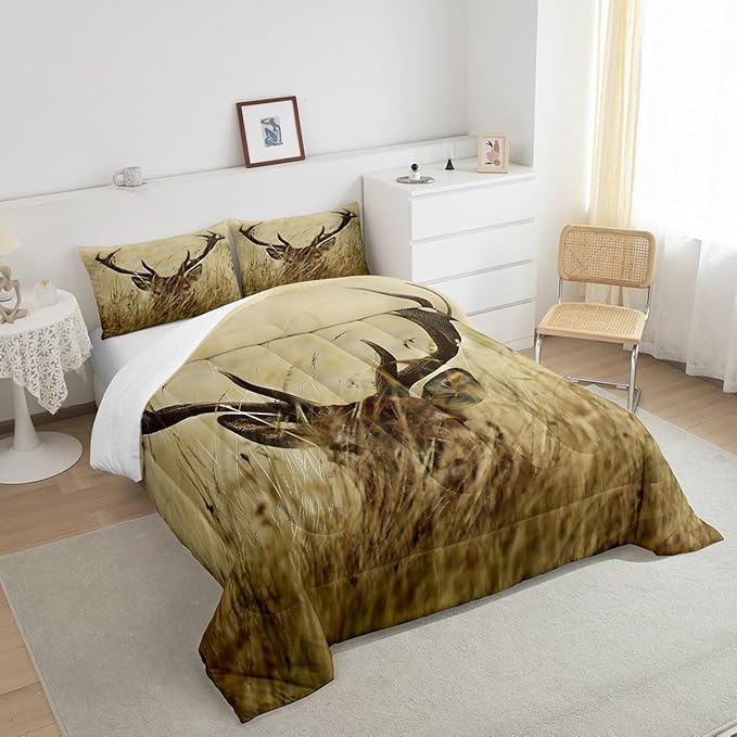 Antler Comforter Set King, Whitetail Deer Down Comforter, Stag Quilted Duvet, Countryside Rural Hunting Theme Comforter Set for Christmas Decorations Bedroom Decor All Season, Ultra Lightweight