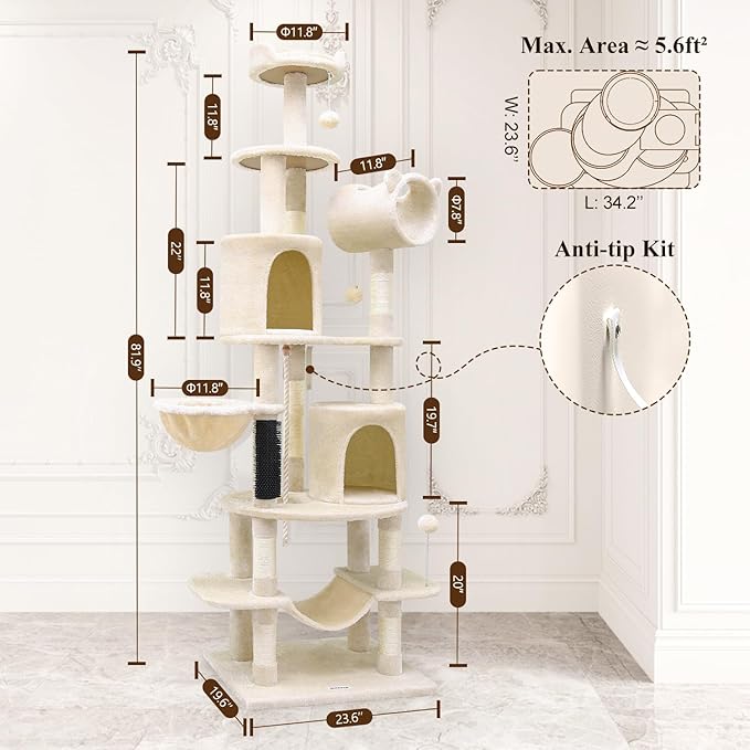C81 Artistic Curved Cat Tower for Small Cats(Under 12 lbs), 81-inch Slim Design Cat Tree with Space-Saving Design, Indoor Cat Condo with Hammock & Tunnel, Beige, Non-Large Cats