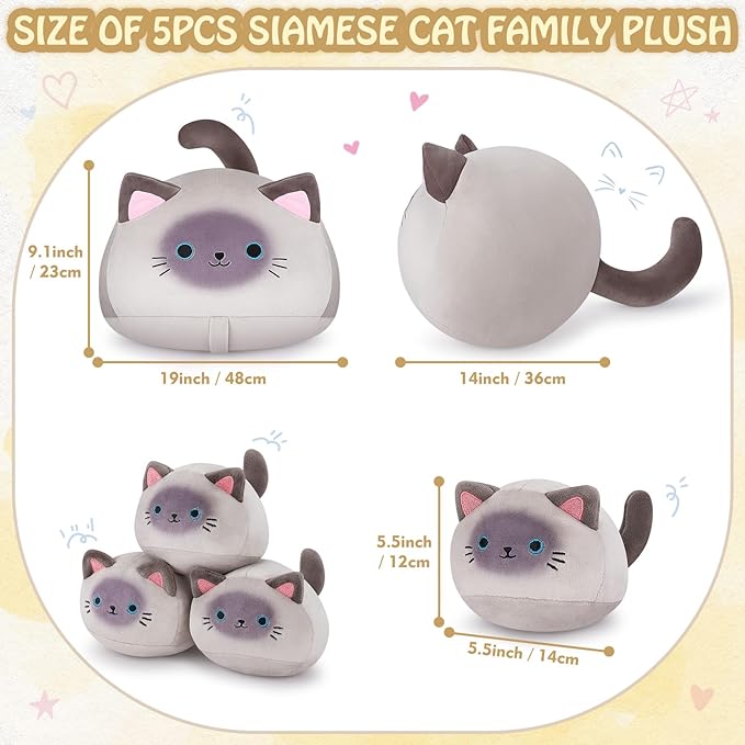 5 PCS Siamese Cat Plush Stuffed Animal Family-19" Soft Siamese Cat Plush, Large Mommy Plushies with 4 Baby Kittens Plushies for Kids, Kawaii Plush Toy Christmas Birthday Gifts for Kids Boys Girls