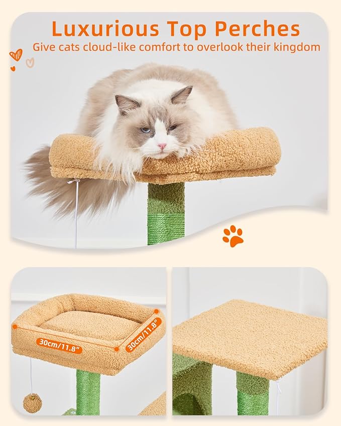 Taoqimiao Cat Tree, 61-Inch Cat Tower for Indoor Cats, Plush Multi-Level Cat Condo with 5 Scratching Posts, 2 Perches, 2 Caves, Hammock, 2 Pompoms, MS013ST Cactus