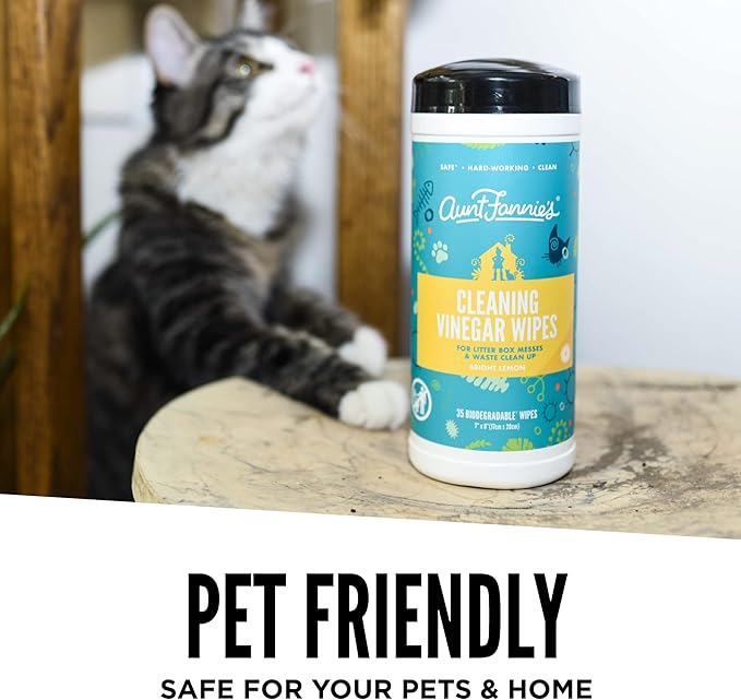 Aunt Fannie's Vinegar Cat Cleaning Wipes for Cat Odors and Messes, Multipurpose Surface Cleaner for Cat & Kitten Homes, Bright Lemon Scent, 35 Count (Pack of 1)