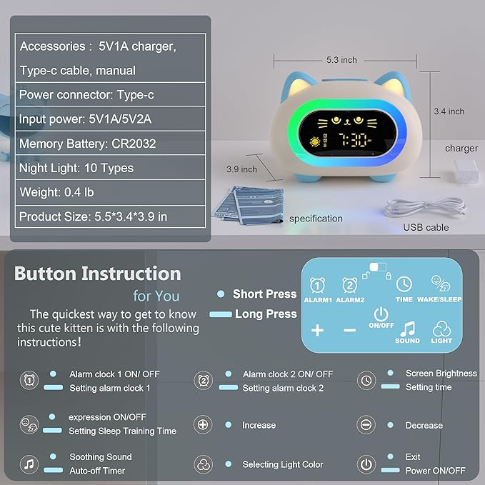 Alarm Clocks for Bedrooms, Kids Alarm Clock with Dual Alarm Snooze Mode 10 Color Night Light Sleep Training Eye Protection Auto Off Timer Blue Cat, Gift for Kids, Adults, Teens