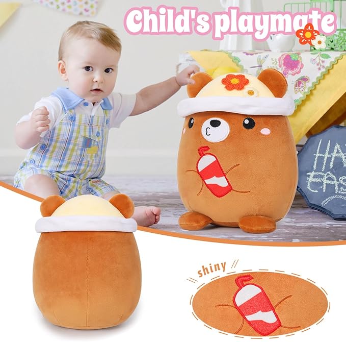 AIXINI Cute Brown Bear Plush Pillow 8" Stuffed Animal, Soft Kawaii Bear Plushie with Hat Outfit Costume Gift