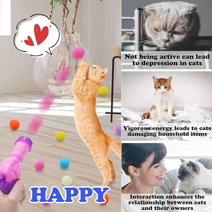 Andiker Cat Toy Balls Set, 30pcs Plush Cat Pom Pom Balls&a Plastic Launcher Set for Cat Catch&Fetch Interactive Cat Toy with Colorful&Soft Cat Balls for Indoor Cats to Keep Fit (Pink 100balls)
