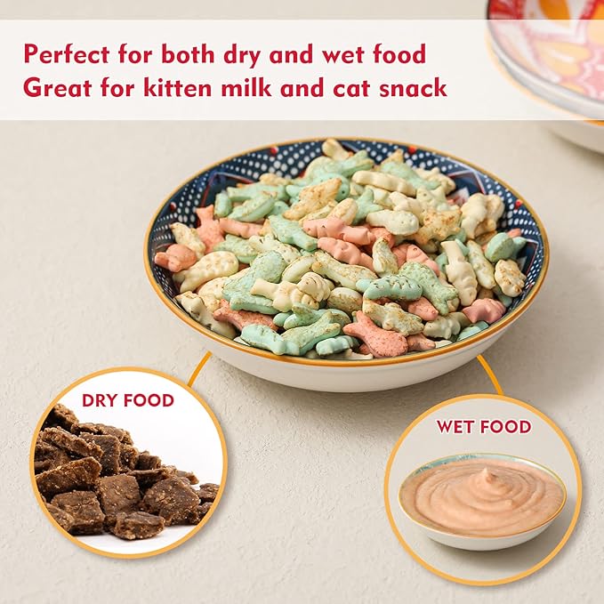 5.5 inch Wide Shallow Cat Food Bowl Set for Relief Whisker Fatigue -Ceramic - 6 Colorful Cute Small Flat Kitten Feeding Dish/ Dishes - Microwave and Dishwasher Safe - 8 oz