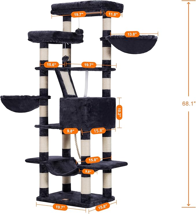 Heybly Cat Tree, 68 inch Multi-Level Cat Tower for Indoor Cats, 2 Widened Plush Perches Cat Condo with Scratching Board and Big Caves, Smoky Gray HCT025G