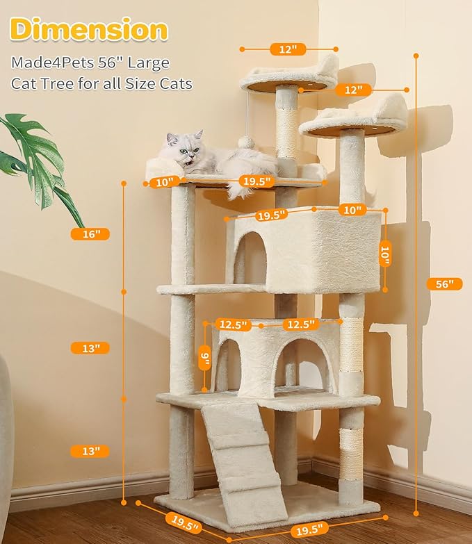 Made4Pets Cat Tree Tower 56in Cat Tower for Indoor Cats Kitten Tree Multi-Level Cat Tree with 2 Condo Furniture Activity Center with Scratching Posts Funny Toys Kittens Pet Play House, Beige