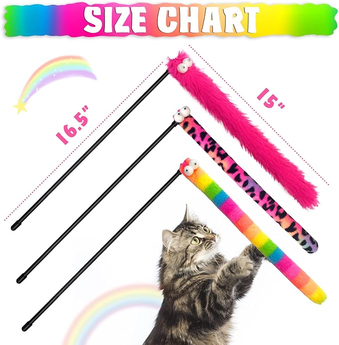 3 Pack Cat Wand Toy, Rainbow Cat Feather Toys with Bells, Cat Teaser Wand with Soft Furry Tail, Interactive Cat Toys for Indoor Cats & Kitten & Kitty