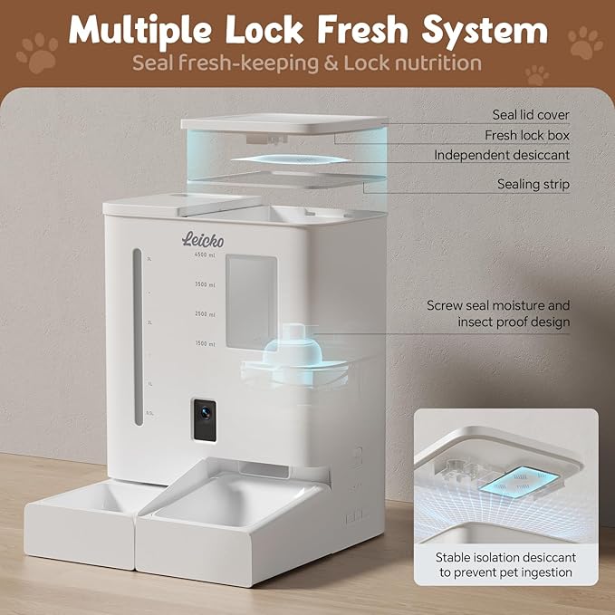 Automatic Cat Feeder with Camera,5G/2.4G WiFi Pet Feeder,2K HD Video and Night Vision,Easy APP Operation,Low Food and Food Clogging APP Tips,Water and Grain Large Capacity Feeder