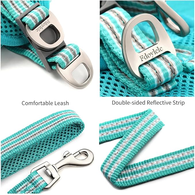 Cat Harness Leash Walking Escape Proof, Adjustable Mesh Comfortable Vest Harnesses Cats, Reflective Easy to Put on Step-in Velcro Jacket, Turquoise (Matching Trim), M (Chest: 14 -15.5inch)