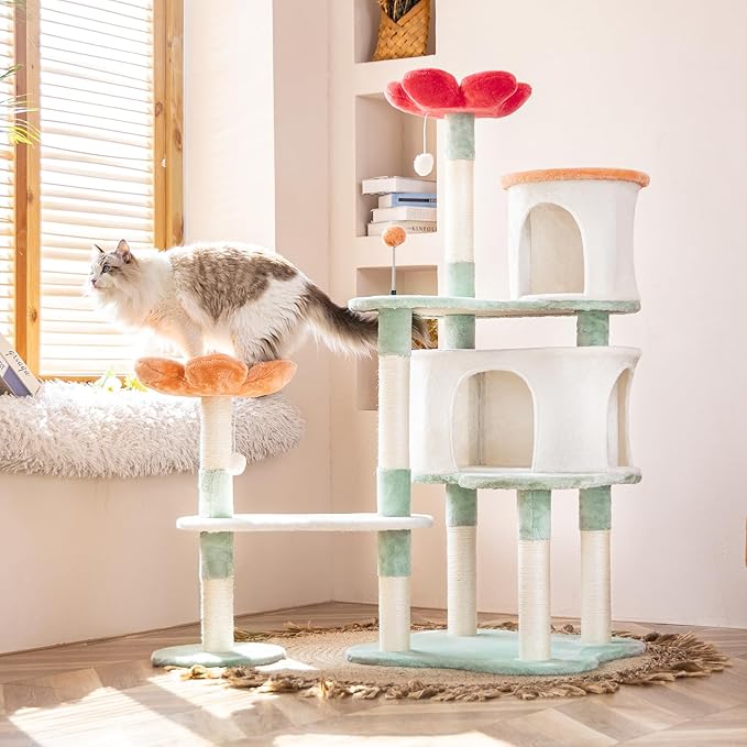 HYABi 56.3in Flower Garden Cat Tree, Cat Tower with Cozy Condo & Scratching Post, Cat Tree Tower with Jumping Platform for Indoor Cats Large Adult
