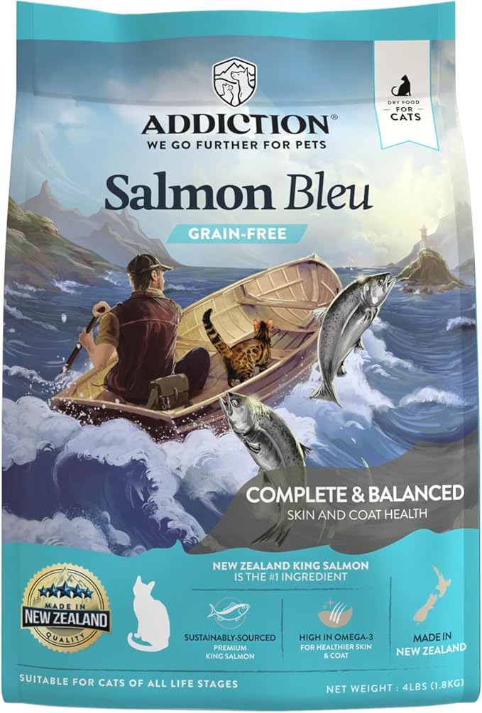 Addiction Salmon Bleu – Premium New Zealand King Salmon Recipe – Skin, Coat & Cognitive Health - Complete & Balanced - Omega-3 Rich - Grain-Free Dry Cat Food for All Life Stages – 4lbs